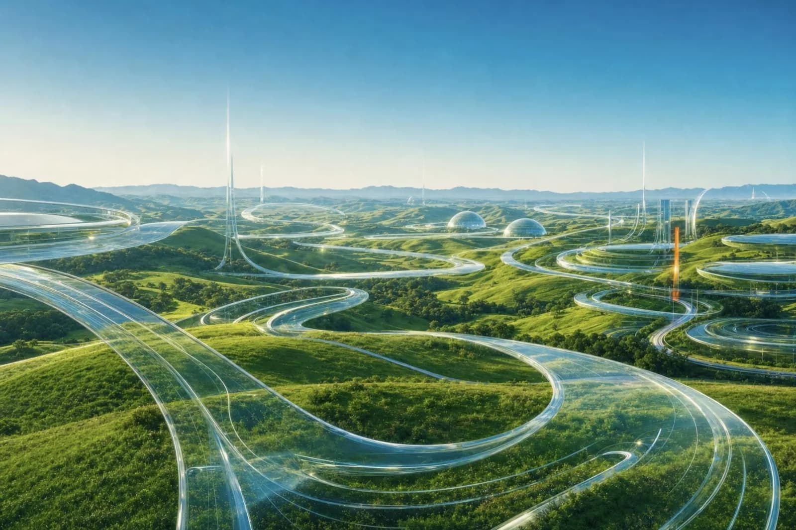 Glass information highways winding through open green hills toward the mountains